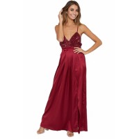 Burgundy Sequined Silky Maxi Party Dress